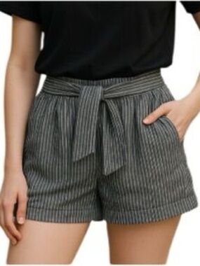 Dynamite Black & Gray Striped High-Waist Tie-Belt Shorts. LINEN